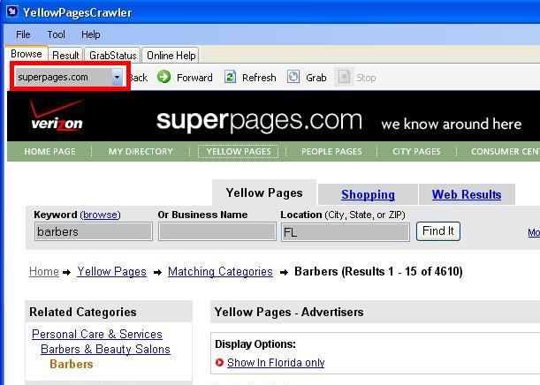 Select desired yellow pages website